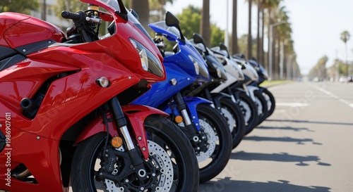 Row of parked motorcycles of various colors on a sunny street. A detailed, commercial shot showcasing the machines. Speed and adventure, urban transport, personal expression.