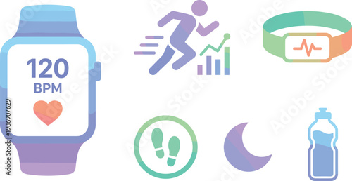 Smart fitness tracker smartwatch health monitoring icons set heart rate steps running sleep hydration wearable technology flat design illustration