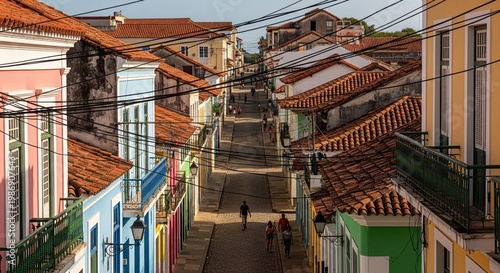 Colorful Colonial Street with Traditional Houses and Red Tile Roofs