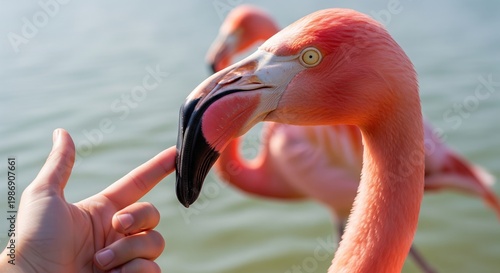 A hand touching a flamingo's beak in a lagoon environment, close up shot. A vibrant image capturing curiosity and gentleness. Wildlife encounter, exotic birds, animal interaction.