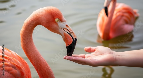 A close-up of a hand feeding a pink flamingo in shallow water. A vibrant, charming scene of wildlife interaction. Avian appreciation, animal care, exotic bird.