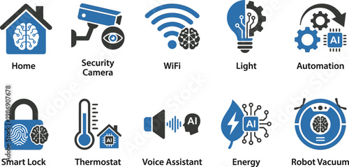 Smart Home AI Icons Set Security Camera WiFi Automation Voice Assistant Energy Robot Vacuum Thermostat Flat Vector Illustration Technology