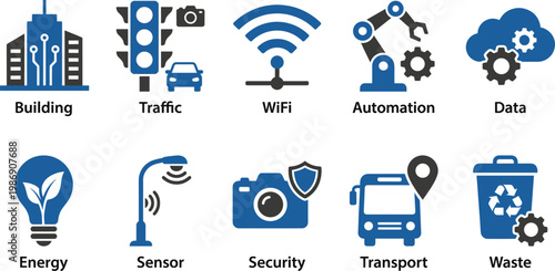 Smart city technology icons set with building traffic WiFi automation data energy sensor security transport waste vector illustration modern urban design collection