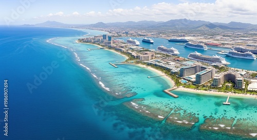 Aerial view of cruise ships docked near coastal hotels in Dominican Republic. A scenic landscape portraying relaxation and luxury. . Tropical getaway, island tourism, coastal resort.