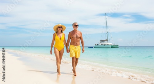 Mature couple walking on a pristine beach in the Caribbean. A serene wide shot capturing the essence of joyful retirement. Tropical paradise, carefree lifestyle, active seniors.
