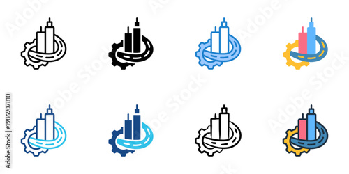 Infrastructure icons set multiple style collection. Editable stroke 
