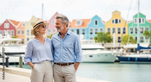 Happy Mature Couple Walking by Colorful Waterfront in Coastal Town