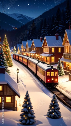 Snowy village with a train at night