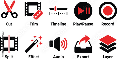 Video editing icon set cut trim timeline play pause record flat vector illustration media production modern UI tools collection pack