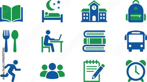 Student daily routine school lifestyle icon set education study sleep eat travel vector flat modern academic icons bundle pack design