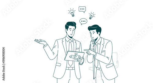 Two businessmen discuss ideas with tablet and speech bubbles nearby outdoors