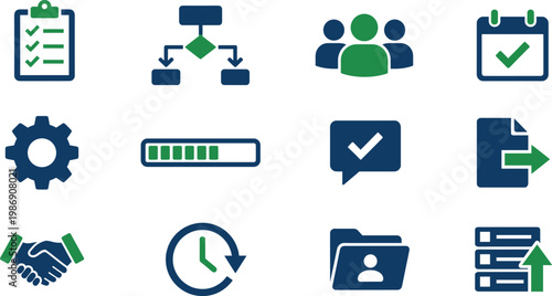Workflow management business process icon set checklist team collaboration progress system vector flat modern corporate UI icons bundle pack