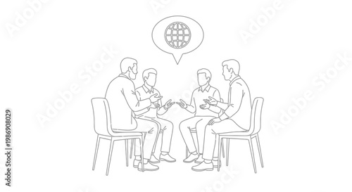 People discuss global issues in a meeting with speech bubble