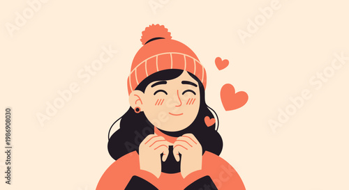 A woman wearing a warm orange hat and coat smiles with hearts around her.