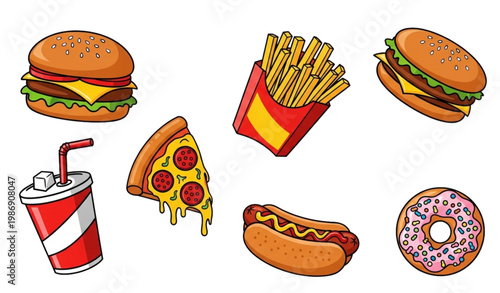Colorful fast food vector set with cartoon junk food collection scattered layout isolated on white