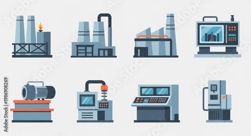 Industrial Manufacturing Equipment and Factory Buildings Vector Illustration Set.