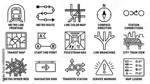 Vector graphic illustration of metro map symbols and icons