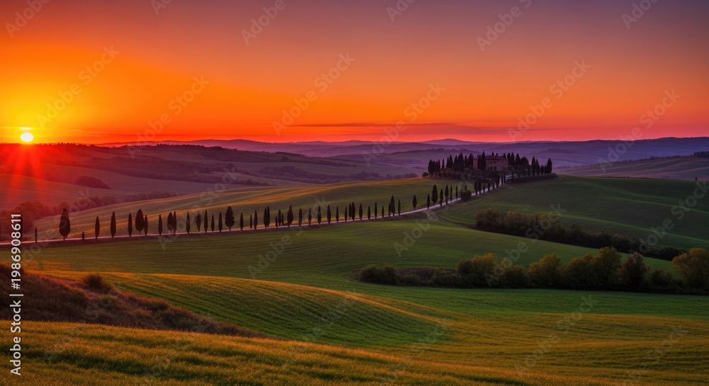 Obraz premium A serene landscape of rolling hills and trees at sunset in a peaceful countryside