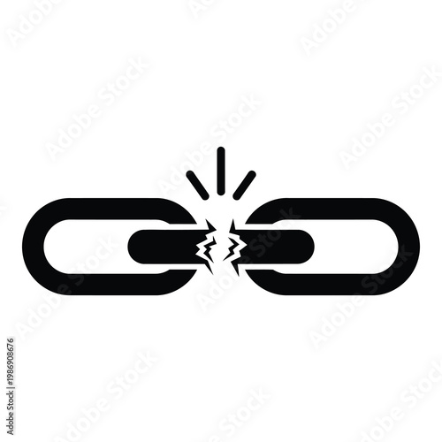 Broken chain link with crack and explosion symbol  brokenness and freedom concept icon