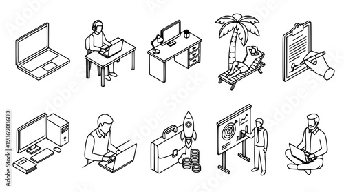 Business professionals working remotely with laptops and computers