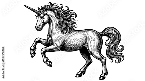Unicorn in motion with a long flowing mane and tail