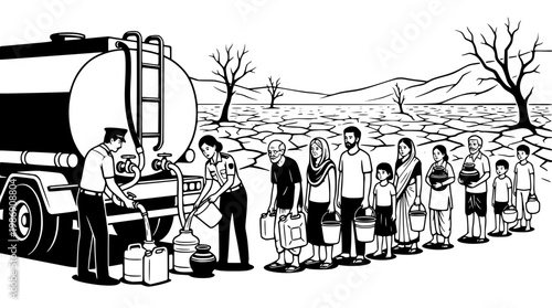 Water truck delivering to people in a dry landscape