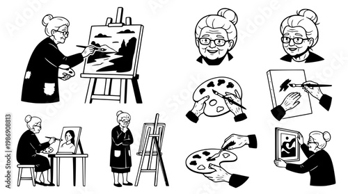 Senior woman artist painting in studio with various tools