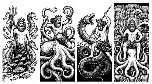 Poseidon illustrations with sea creatures and mythological designs