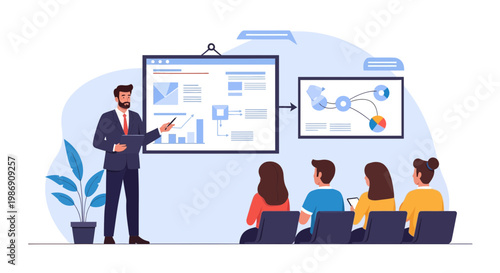 Business meeting takes place with a presenter showing data on a screen in front of an audience seated and listening