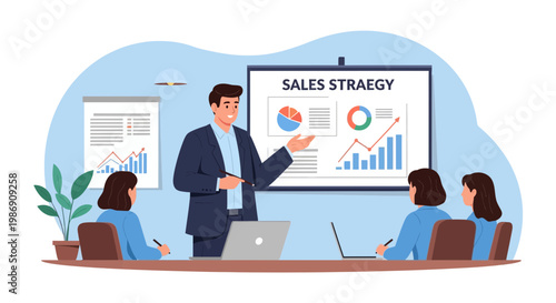 Sales strategy meeting takes place with a presenter explaining charts and data to the team in a professional office setting