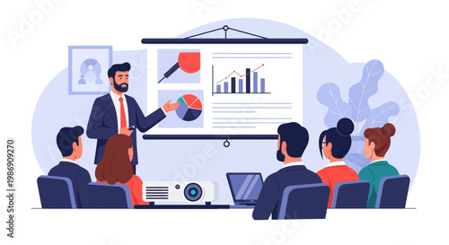 Business presentation takes place in an office with a group listening to a speaker during a workday