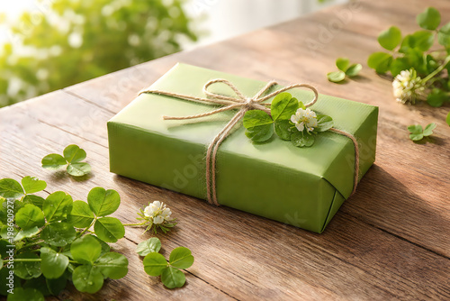 Gift wrapped in green paper with clover on wooden table