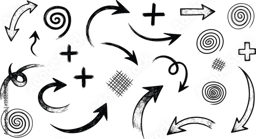 Collection of Hand Drawn Black Ink Brush Arrows Spirals and Cross Symbols Isolated on White Background for Creative Design Projects