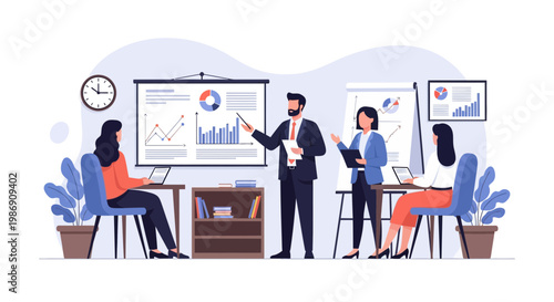 Business team collaborates in office meeting while discussing data and charts on presentation boards in afternoon