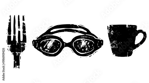 Vector graphic illustration of fork, goggles, and coffee cup