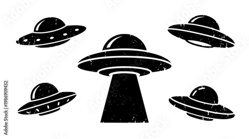 Black silhouette of UFOs flying in formation vector graphic
