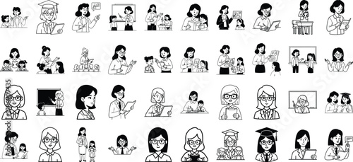 A comprehensive collection of black and white line art illustrations featuring female teachers