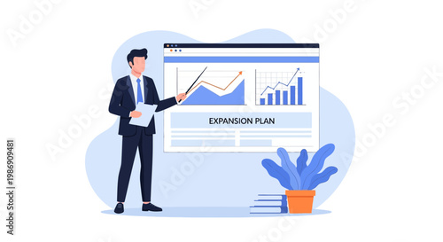 Business meeting focuses on expansion plan with charts shown on monitor and presenter pointing at data