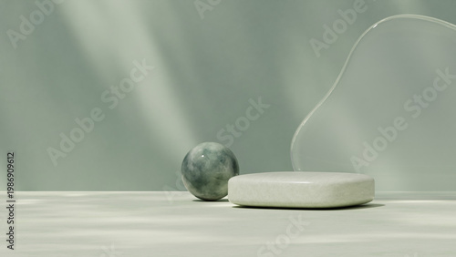 Clean green cosmetic podium with abstract form for product presentation and skincare branding mockup. Minimal studio setup with soft light. 3D render.