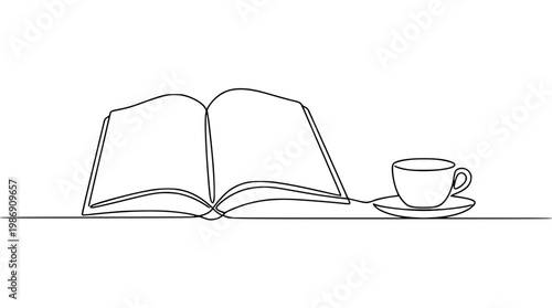Simple line drawing of an open book and coffee cup