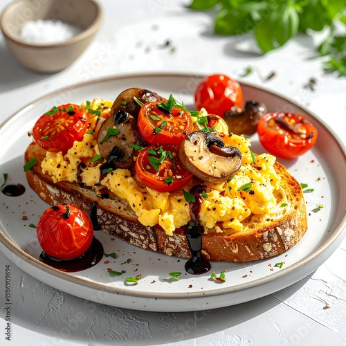 A plate of appetizing toast topped with scrambled eggs and vegetables