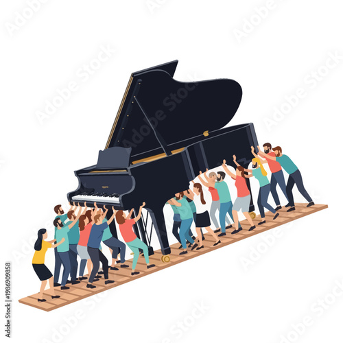 Teamwork Moving Grand Piano Up Ramp, People Lifting Musical Instrument Together