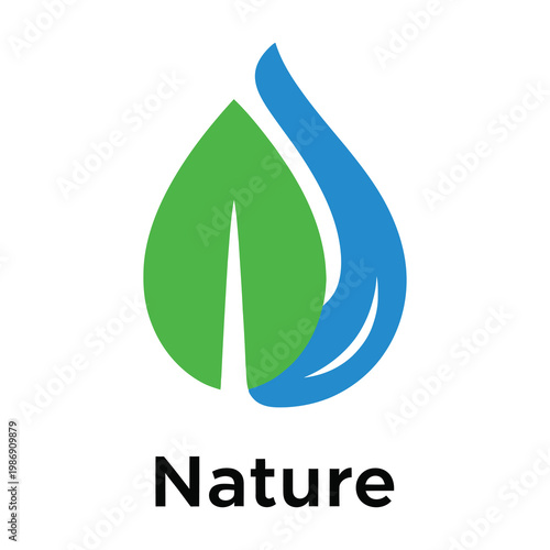 Green leaf and blue water drop symbol for nature conservation and eco friendly concept icon