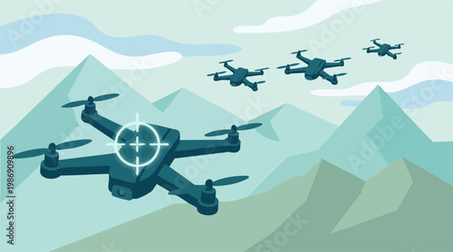 Surveillance drone fleet with target reticle flying over mountains