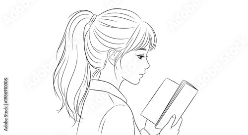 A young girl with a ponytail reading a book intently