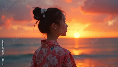 Young asian woman in kimono jacket watches orange sunset over calm sea. Ocean waves reflect sun. Girl with hair bun contemplates seascape at dusk.