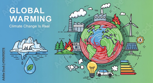 Global Warming and Climate Change Illustration with Earth and Melting Ice.