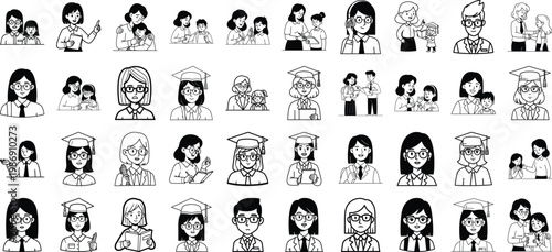 A collection of hand-drawn sketches featuring various students and teachers in school settings