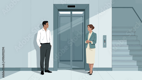 Business man and woman waiting for an elevator in a modern office building hallway vector art