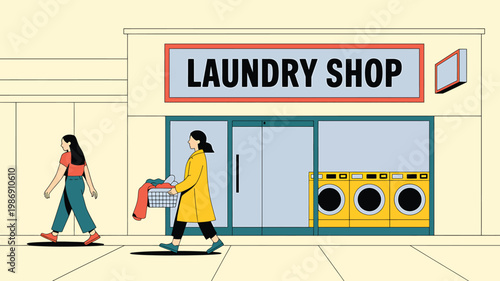 Flat vector illustration of a laundry shop exterior with people walking and washing machines.